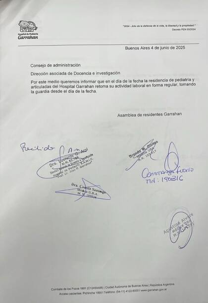 La nota presentada por la Asamblea de Residentes del Garrahan en la que informaron que retoman sus tareas